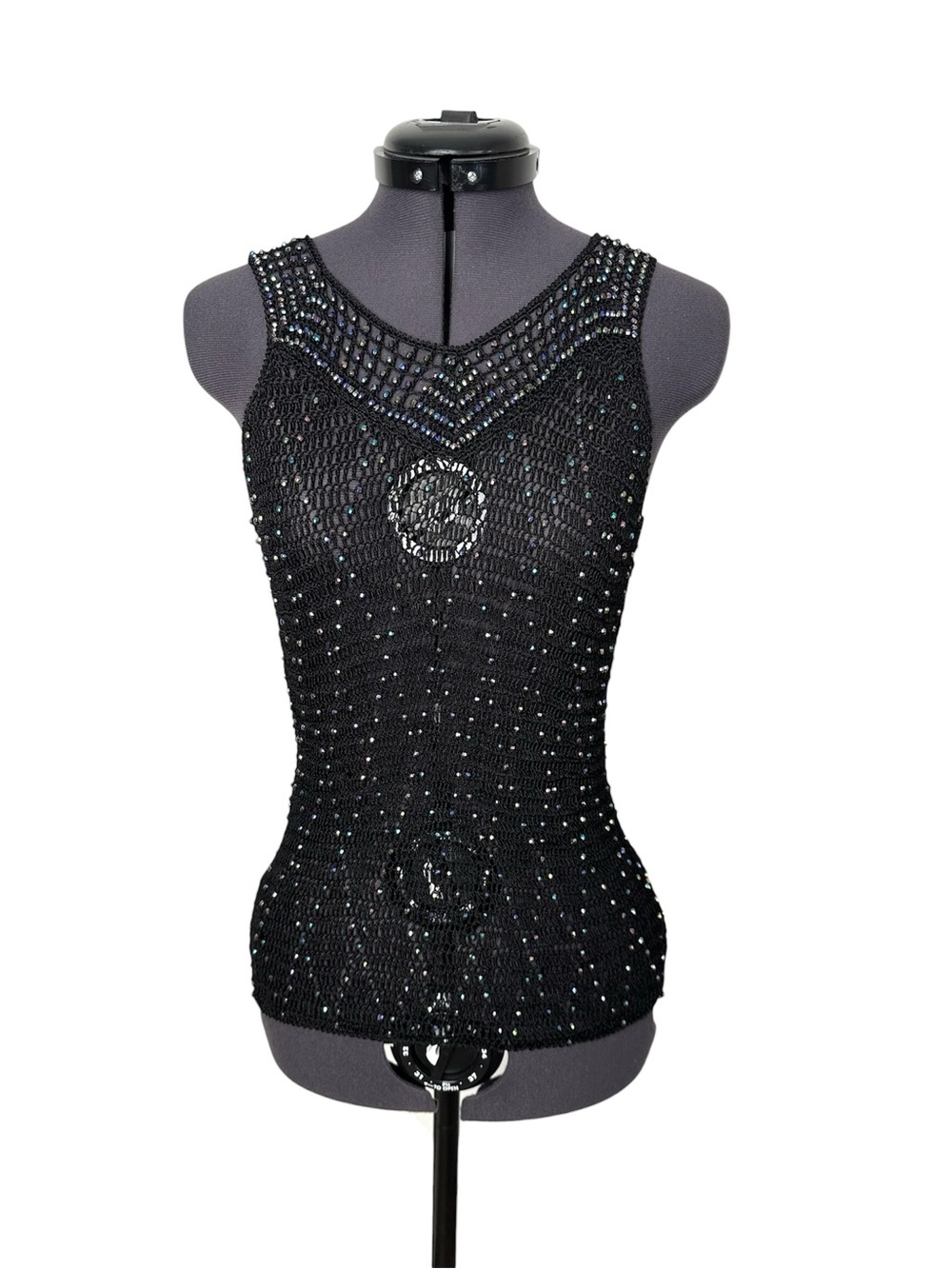 Boho Whimsigoth Beaded Crochet Sheer Tank Top Coastal Open Knit Witchy Rainbow
